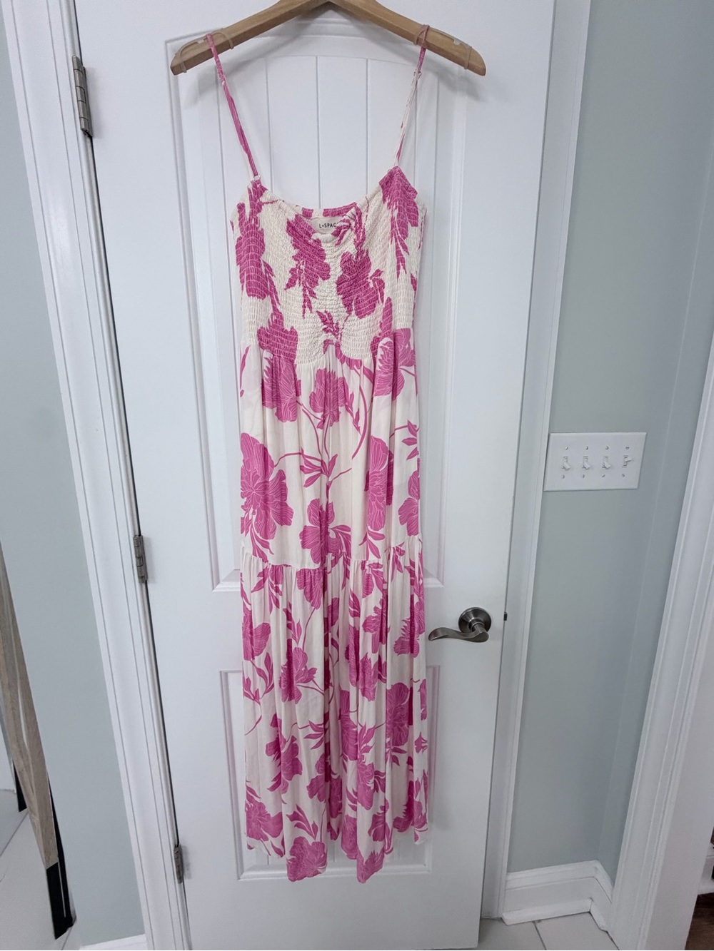 L*SPACE Pink Floral Smocked Maxi Dress Women’s Large Resort Vacation